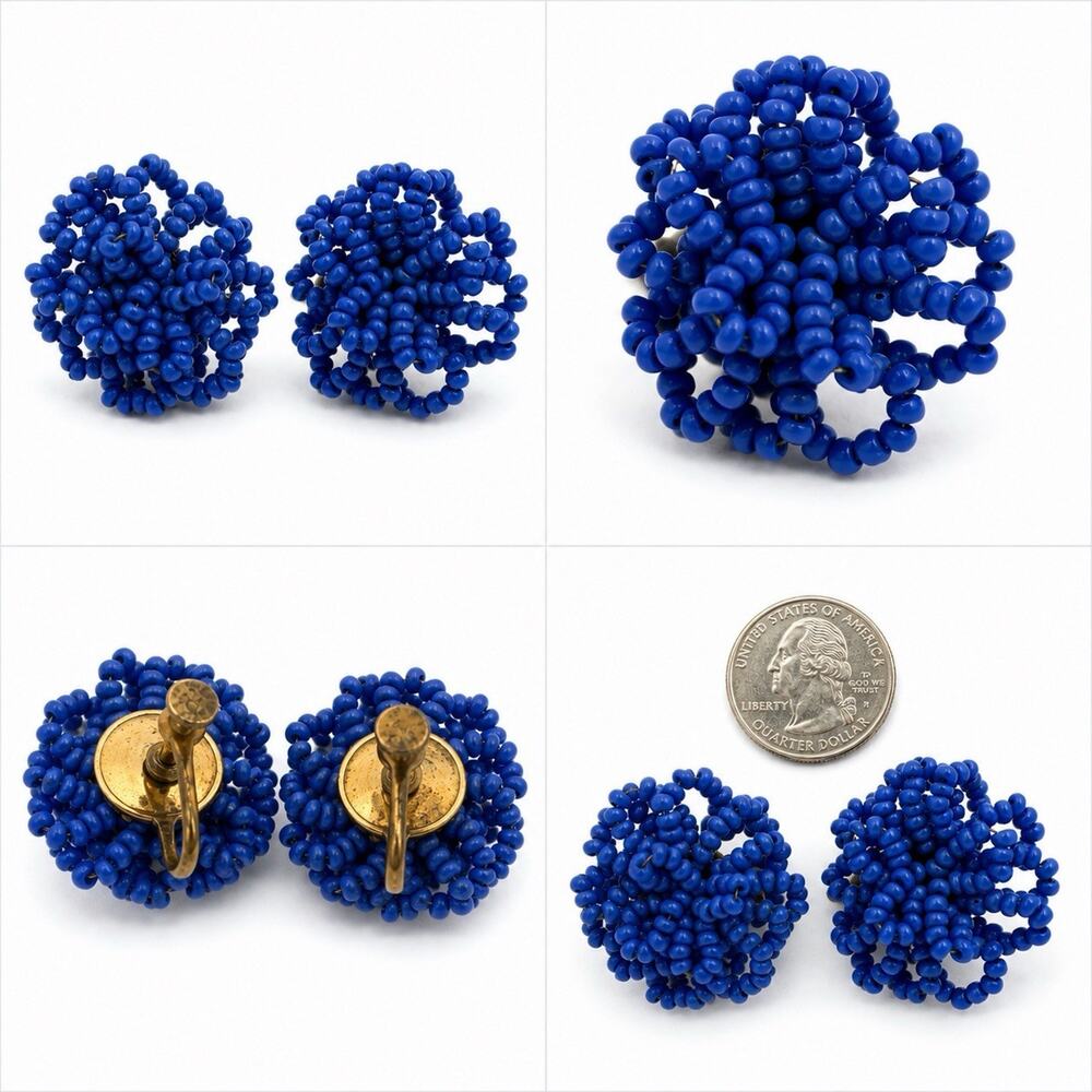 Vintage Blue Seed Bead Cluster Clip On Earrings Statement Floral Retro Boho